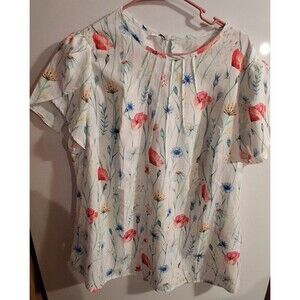 Unbranded White Floral Short Sleeve Blouse Sz XXL
